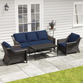 4 Pieces Outdoor Conversation Furniture Set - 77" Patio Sofa, 2 Wicker Armchairs, 1 Metal Coffee Table, Patio Wicker Furniture Set with Water-Resistant Cushions for Sunroom (Navy Blue)