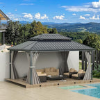 Domi 12'x16' Hardtop Gazebo Canopy,Outdoor Aluminum Gazebo with Galvanized Steel Double Roof,Permanent Gazebo with Drainage System,Curtain and Netting Included,Grey