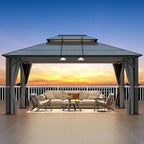 Hardtop Gazebo 12' x 16', Patio Gazebos with Polycarbonate Roof & Steel Frame, Outdoor Pavilion with Gray Curtain&Netting for Backyard/Lawn/Garden/Deck