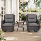 Patio Swivel Chairs with Smile-Shaped Cushions, 3 Piece High Back Patio Swivel Glider Chairs with Side Table 3PCS PE Rattan Luxury Swivel Patio Chairs Set Brown Wicker | Grey Cushions