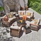 MEISSALIVVE 9 Piece Outdoor Patio Furniture Set, Half-Moon Curved Sectional Set with Wood Armrests, Patio Conversation Set, Tempered Glass Coffee & Side Tables（Brown）