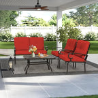 4-Piece Outdoor Metal Furniture Sets Patio Conversation Set Wrought Iron Loveseat, 2 Single Chairs, Coffee Table with Cushion, Lawn Front Porch Garden, Red