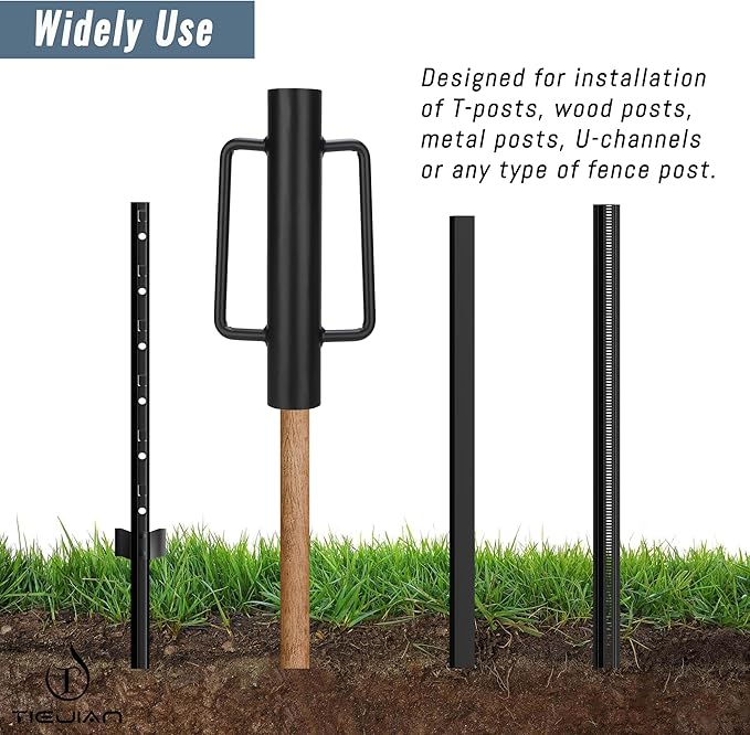 Fence Post Driver T Post Pounder with Handle 14 LB, Heavy Duty Hand Post Rammer for Wooden Posts/U-Channels/Fence Posts, 16 Inch Post Hole Digger (Black)