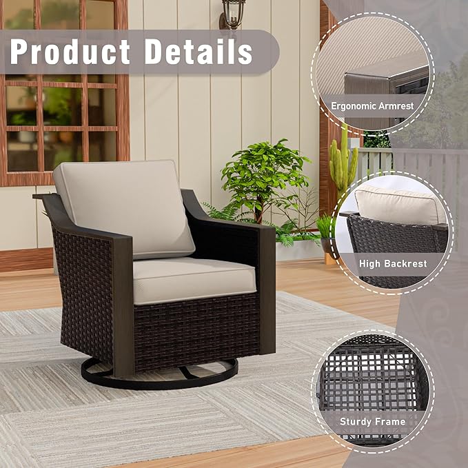 Outdoor Wicker Swivel Chair Set of 2, All-Weather Use Patio Rattan Chair with Removable Water-Resistant Cushion, Ideal for Porch, Backyard, Balcony, Poolside, Beige