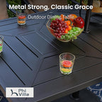 PHI VILLA 7 Piece Outdoor Dining Set for 6, 64" Metal Steel Dining Table with Umbrella Hole & Cushioned Iron Chairs for Patio, Yard, Porch, Deck