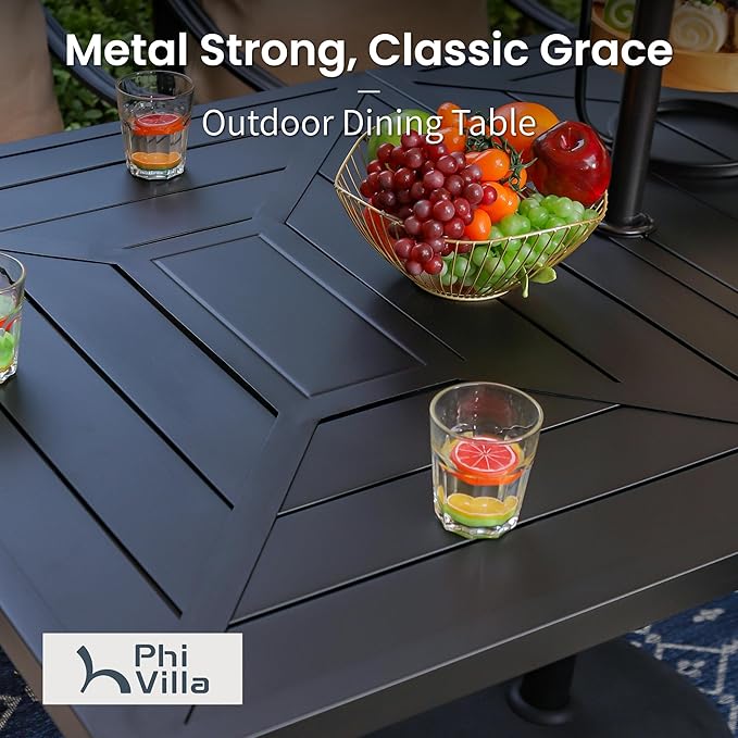 PHI VILLA Outdoor Conversation Furniture Dining Table and Chairs Set of 7 Pieces Patio Dining Set Metal Large 1.77" Umbrella Hole Table for 6 Person Wrought Iron Bistro Dining Chairs