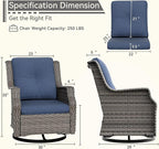 Swivel Patio Chair Outdoors - 360 Degree, Set of 2, Glider Chair with 3.5" Olefin Fabric Cushions (Mixed Grey Rattan/Navy)