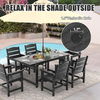 7-Piece HIPS Patio Dining Set, Outdoor Dining Table and Chairs Set with Umbrella Hole, Weatherproof Dining Table Set for 6 Person, Patio Furniture Set for Outside Deck, Black