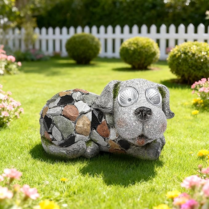 Outdoor Garden Decor Solar Dog Statue & Sculpture, Cute Dog Garden Statue, Solar Yard Decorations for Lawn Patio Front, Stone Resin Figurine ldeal Gift for Mom