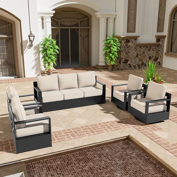 5 PCS Aluminum Patio Conversation Set - 3-Seater Sofa, 2 360° Swivel Chair, 2 Fixed Chair with 6" Thick Water-insistant Cushions, All-Weather Use Removable Cover, Ideal for Garden, Poolside (Beige)