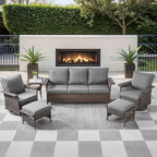 6 Pieces Wicker Patio Furniture Set - Hollow Widen Armrests 3 Seat Outdoor Sofa & Comfy Chairs with Side Table & Ottomans, Small Patio Convention Set for Deck and Backyard - Brown/Gray