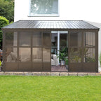 12x16FT Lean to Sunroom Kit All Season, Aluminum Wall Mounted Solarium with Galvanized Steel Slope Sun Room Roof, 2 Sliding Double Doors, PC Windows, Enclosed Permanent Gazebo for Patio, Deck
