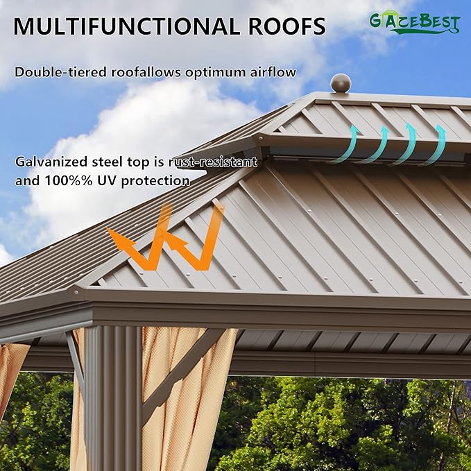 12'x20' Hardtop Gazebo, Outdoor Aluminum Patio Gazebo Double Roof Galvanized Steel Wooden Finish Coated Canopy with Netting and Curtains for Garden, Patio, Backyard, Deck and Lawns.