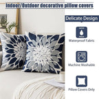 Qahing Pack of 4 Outdoor Waterproof Pillow Covers 16x16 Decorative Outdoor Throw Pillows Garden Square Cushion Cases for Patio Furniture, Couch, Tent Sunbrella, Bench, Navy Blue Grey