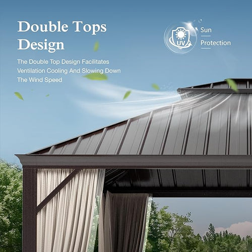 10'x12' Hardtop Aluminum Gazebo, Permanent Outdoor Canopy with Galvanized Steel Double Roof Heavy Duty Pavilion with Curtains and Netting for Garden Patio Lawn Deck