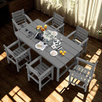 7 Piece Patio Dining Set with 11ft Patio Umbrella (Apple Green), 7 Gray Outdoor HDPE Dining Set with 6 Chairs + 1 Large Table, for Market, Pool, Garden, Backyard, Deck