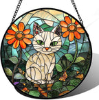 Stained Glass Window Hanging - White Cat Green Plants Orange Flowers Sun Catcher for Door Garden Home Decor Suncatcher Christmas Mother's Day Birthday Gifts for Women Men Mom Nana 9.8 in