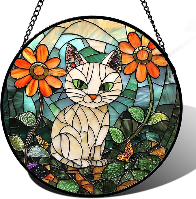 Stained Glass Window Hanging - White Cat Green Plants Orange Flowers Sun Catcher for Door Garden Home Decor Suncatcher Christmas Mother's Day Birthday Gifts for Women Men Mom Nana 9.8 in