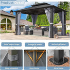 Aoxun 10Ft X 12Ft Hardtop Gazebo, Aluminum Metal Outdoor Gazebo with Breathable Netting and Curtains, Galvanized Steel Horizontal Double Top, Permanent Patio Pavilion for Dining, Wedding, Party