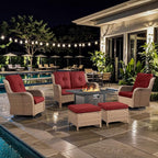 6 Pieces Patio Furniture Set with Fire Pit Table, Wicker Rattan Outdoor Furniture Set with Loveseat and Swivel Chairs for Yard, Deck, Garden, Yellow Wicker/Red Cushion