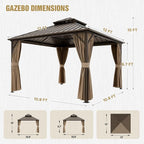 COOS BAY 12x12 Hardtop Gazebo with Aluminum Frame, Galvanized Steel Double Roof Outdoor Pavilion with Netting and Curtains, Dark Brown/Tan