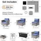 ovios 10 Pieces Patio Furniture Set, Outdoor Wicker Sectional Sofa with 54" Fire Pit Table Swivel Chairs, Modern Modular Deep Seat Rattan Couch Conversation Sets, Denim Blue