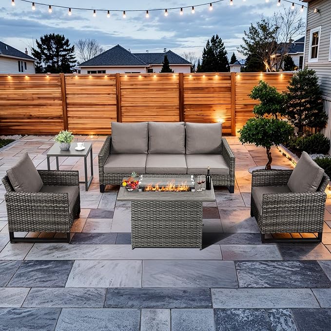 HUMMUH 5 Piece Outdoor Furniture Set with Fire Pit Table 41in 55,000 BTU,Wicker Outdoor Conversation Sets -Patio Chairs Set of 2 Patio Sofa for Porch,Garden,Backyard