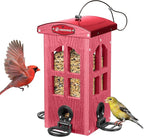 Kingsyard Upgraded Rainproof Bird Feeder for Outdoor Hanging - Metal Feeding Port, Recycled Plastic Wild Bird Feeder with Metal Mesh Tray for Goldfinch Small Bird, Garden Yard Decoration, Red