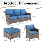5 Pieces Wicker Patio Furniture Set-Outdoor High Back Sofa with Rattan Wicker Chairs Outdoor Furniture for Porch Garden Backyard Poolside-Brown/Blue