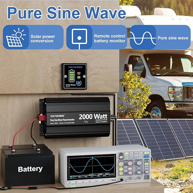 2000 Watt Pure Sine Wave Inverter 12V DC to 110V 120V AC 2000W Power Inverter with UL Fuses and 20A AC Hardwire Terminal Compatible with Lithium Battery for Home RV Truck Off-Grid Solar by VOLTWORKS