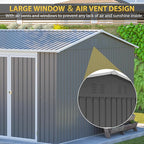 12x10 FT Shed Outdoor Storage Metal Large Garden Tool Sheds with Window Lockable Doors Sloping Roof Floor Frame Waterproof Steel Utility Equipment Shed for Backyard Patio Lawn Poolside, Grey