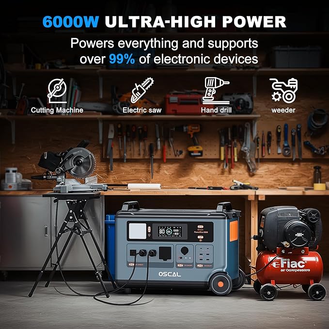OSCAL PowerMax 6000 Solar Generator, 120/240V Split Phase Voltage 6000W AC Outlets (7200W Peak), 3600Wh Power Station Expandable to 57.6kWh, LFP Battery, 2200W/1.96H Fast Charging, Emergency for Home