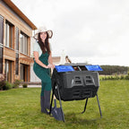 SQUEEZE master Large Compost Tumbler Bin - Outdoor Garden Rotating with Thermometer -Automatic Temperature Measurement-Sturdy Steel Frame - 43Gallon (2-21.5Gal)- Blue Door