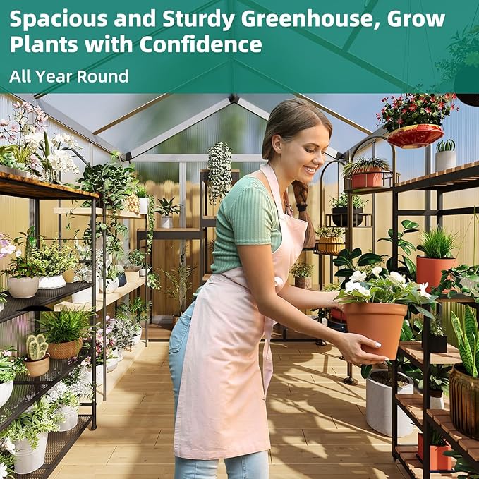 6x8 ft Greenhouse with Roof Vent, Aluminum Walk-in Greenhouses for Outdoors, Heavy Duty Garden House for Backyard, Patio, Easy Assembly