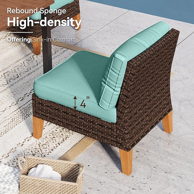 GREEN PARTY 11 Pieces Wicker Patio Furniture Set, All-Weather Outdoor Rattan Half-Moon Curved Patio Sectional Sofa Conversation Set with 4" Thick Cushions for Garden, Backyard, 2 x Ottomans (Blue)