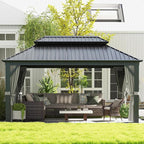 Aoxun 12Ft X 16Ft Hardtop Gazebo, Aluminum Metal Outdoor Gazebo with Breathable Netting and Curtains, Galvanized Steel Double Top, Permanent Patio Pavilion for Backyard, Wedding, Party