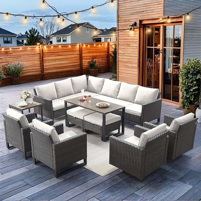 HUMMUH 10 Piece Patio Furniture PE Wicker 6-Seater Outdoor Sectional Sofa with Dinning Table Patio Swivel Chairs Outdoor Chairs for Porch,Garden,Backyard,Deck(Brown/Beige)