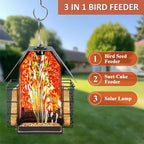 LUJII Solar Bird Feeder for Outdoor Hanging, 2 Suet Cake Cages, Hand-Blown Glass Container, Metal Roof, All-Weather Design for Woodpeckers, Red
