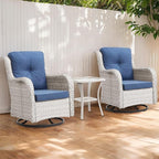 Luxury Wicker Swivel Patio Chairs Set of 3, Outdoor Swivel Rocking Chairs with Side Table, Outdoor Bistro Set for Patio, Porch, Yard, Deck, Poolside, Light Beige/Blue