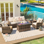 MEISSALIVVE 5 Pieces Patio Furniture Set with 43" Fire Pit Table, Wicker Patio Conversation Set with Swivel Rocking Chairs, Outdoor Patio Set for Lawn Backyard Porch (Brown)