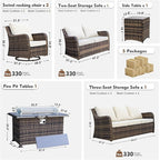 MEISSALIVVE 6 Pieces Patio Furniture Set with 43" Fire Pit Table, Wicker Patio Conversation Set with Swivel Rocking Chairs, Outdoor Patio Set for Lawn Backyard Porch (Brown)