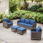 Rilyson Wicker Outdoor Patio Furniture Set - 5 Piece Patio Conversation Set with 2 Wicker Armrest Chairs,2 Rattan Ottoman and 1 Couch for Outside Porch Deck Backyard Garden(Brown/Blue)
