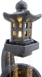 Alpine Corporation DIG370 31" Outdoor Zen Pagoda Water Fountain with LED Lights & Illuminated Stone Bowl – Tranquil Garden Water Feature for Relaxation and Ambiance, Gray