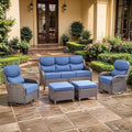 Luxury High Back Outdoor Furniture with 6-inch Extra Thick Cushions, Patio Furniture Set with Swivel Chairs, 5 PCS Wicker Conversation Set for Yard, Patio, Deck, Poolside, Brown/Blue