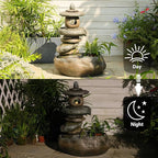 28" H Imitation Rock Pagoda Design Outdoor&Indoor Cascading Water Fountain, Natural Zen Decor Waterfall with LED Lights - Suitable for Garden/Patio/Yard/Deck/Balcony and Home Art Decor （Resin）