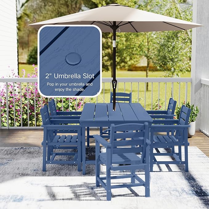 7 Piece Patio Dining Set with 11ft Patio Umbrella (Beige), 7 Navy Outdoor HDPE Dining Set with 6 Chairs + 1 Large Table with 2" Umbrella Hole, for Market, Pool, Garden, Backyard, Deck