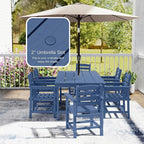 7 Piece Patio Dining Set with 11ft Patio Umbrella (Teal), 7 Navy Outdoor HDPE Dining Set with 6 Chairs + 1 Large Table, for Market, Pool, Garden, Backyard, Deck