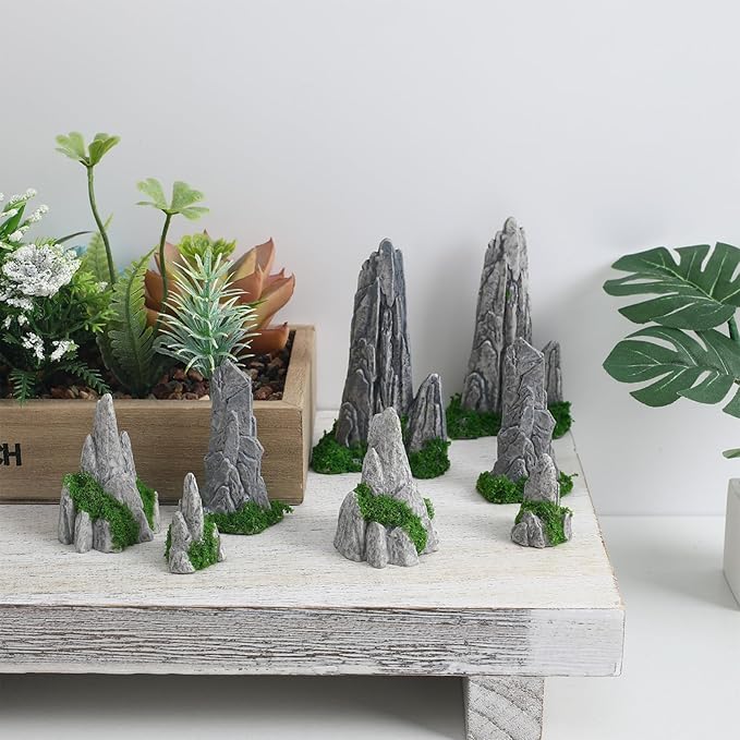 8pcs Miniature Bonsai Rockery Decor, Resin Fake Mountain Figurines, Garden Terrarium Accessories for Desktop and Micro Landscape