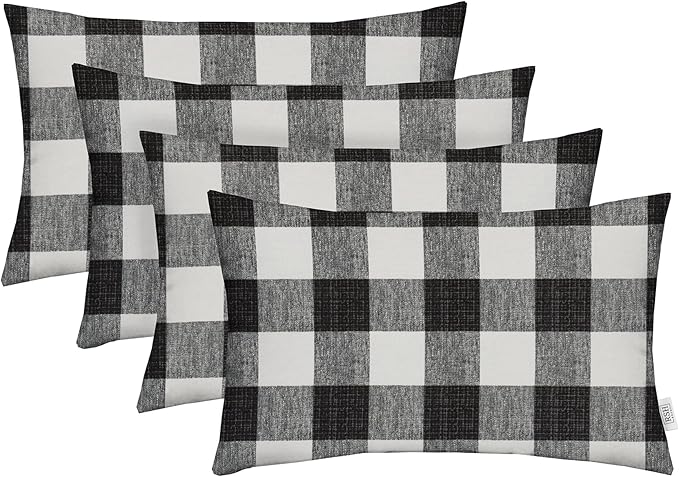 RSH DECOR: Lumbar Throw Pillows Set of 4 | 20” x 12" | All-Weather Spun Fabric | Water and Fade-Resistant | Outdoor Support Pillows for Patio Furniture | Black Buffalo Plaid