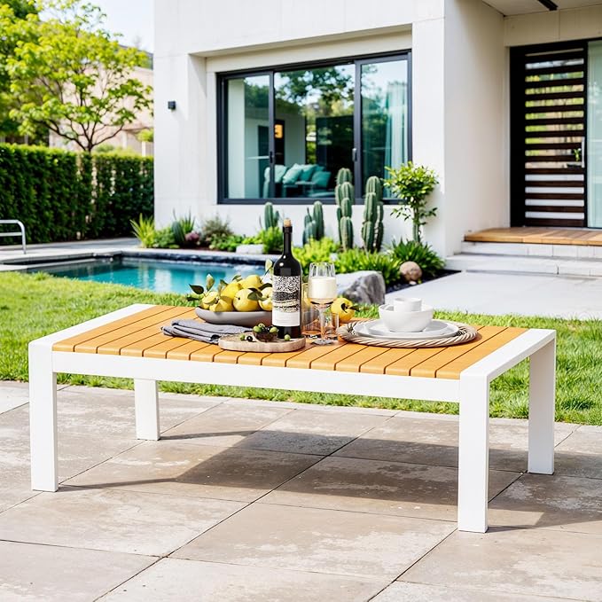 Aluminum Outdoor Coffee Table - White Rectangle Patio Tables with Teak Top for Deck, and Poolside